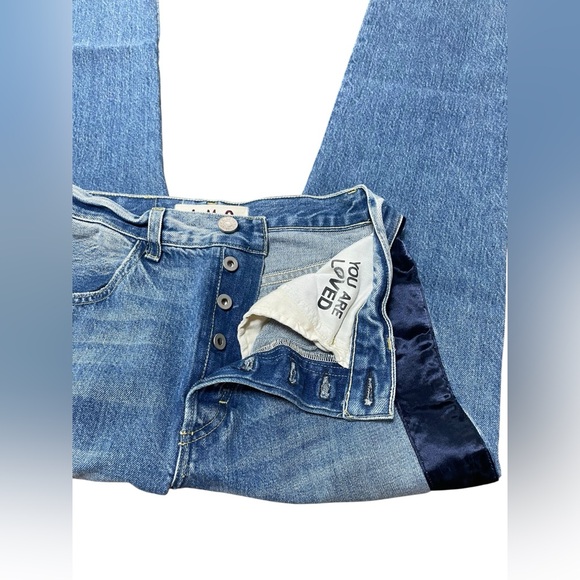 AMO Blue Straight Leg Jeans with Navy Side Stripe Raw Hem 26” - Picture 9 of 10